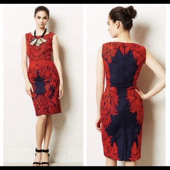 Anthropologie Pankaj & Nidhi Spice Tree Embroidered Sheath Dress Navy Red - Picture 1 of 12